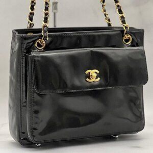 Authentic CHANEL CC Vintage Leather Black Gold Purse Bag Tote Chain Turnlock